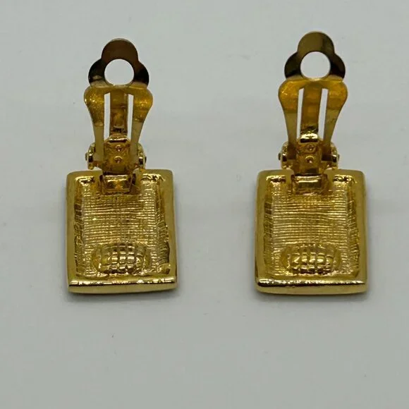 Vintage Gold & Black  Earrings Enamel Greek Key Clip-On 1980s Designer Statement - Picture 3 of 14